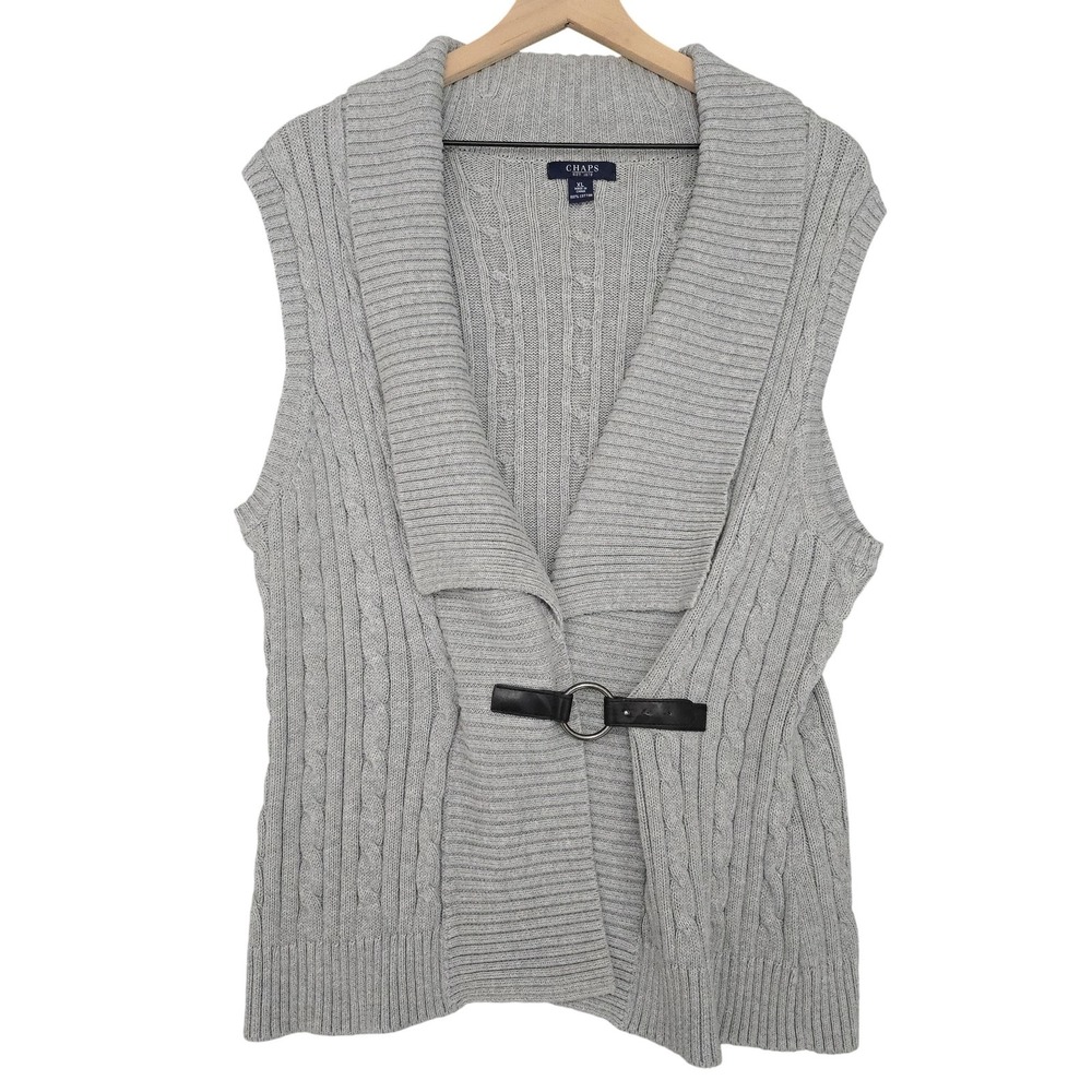 Chaps Sweater Vest Womens XL Gray Cable Knit‎ Shawl Ring Toggle Equestrian